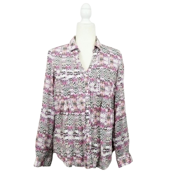 Maeve Anthro Islet pink white black print button front top women's size XSmall - Picture 1 of 9
